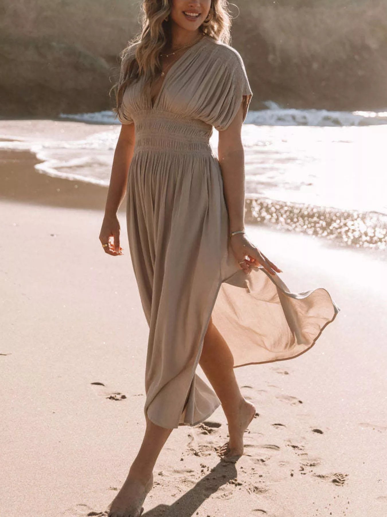 Full Size Slit V-Neck Smocked Waist Maxi Dress Plus Size Apricot / L by Blue Zone Planet