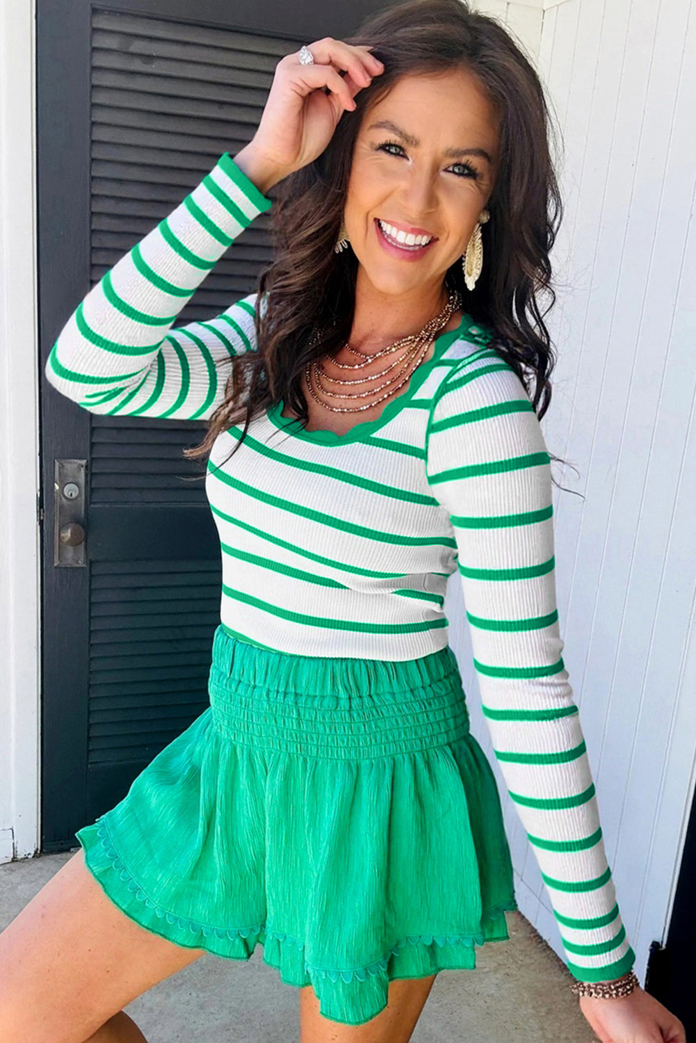 Black White Scalloped Trim U Neck Striped Ribbed Slim Sweater