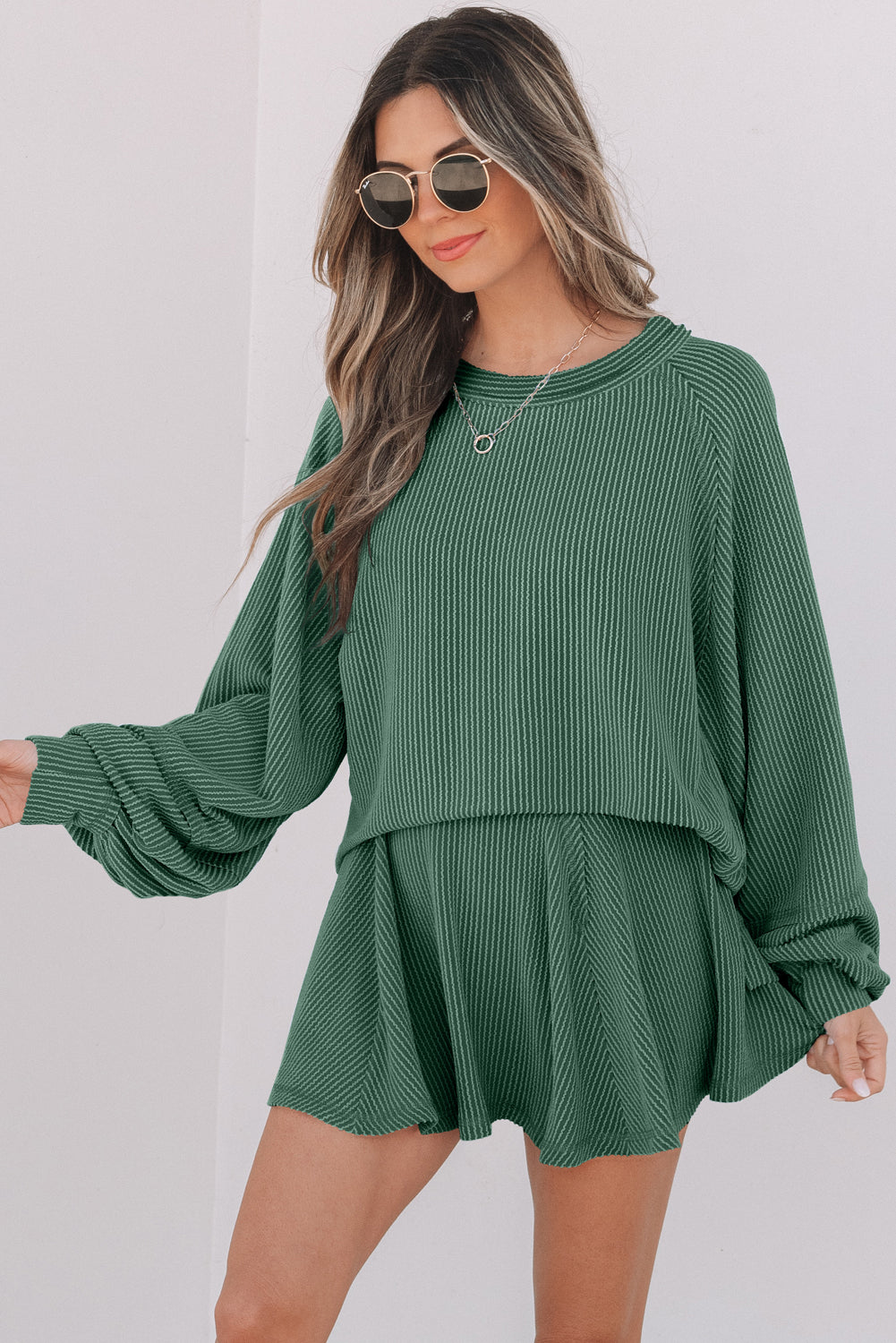 Mist Green Corded Lantern Sleeve Top High Waist Ruffled Mini Skirt Set
