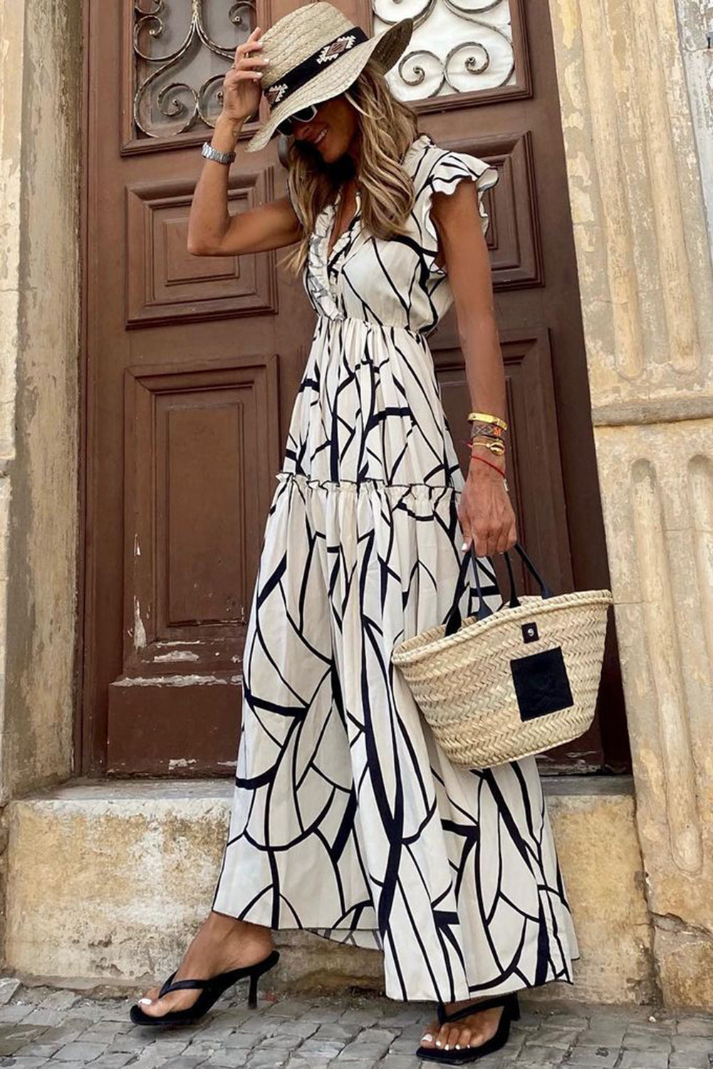 Blue Zone Planet | White Abstract Vein Print V Neck Ruffle Maxi Dress Blue Zone Planet