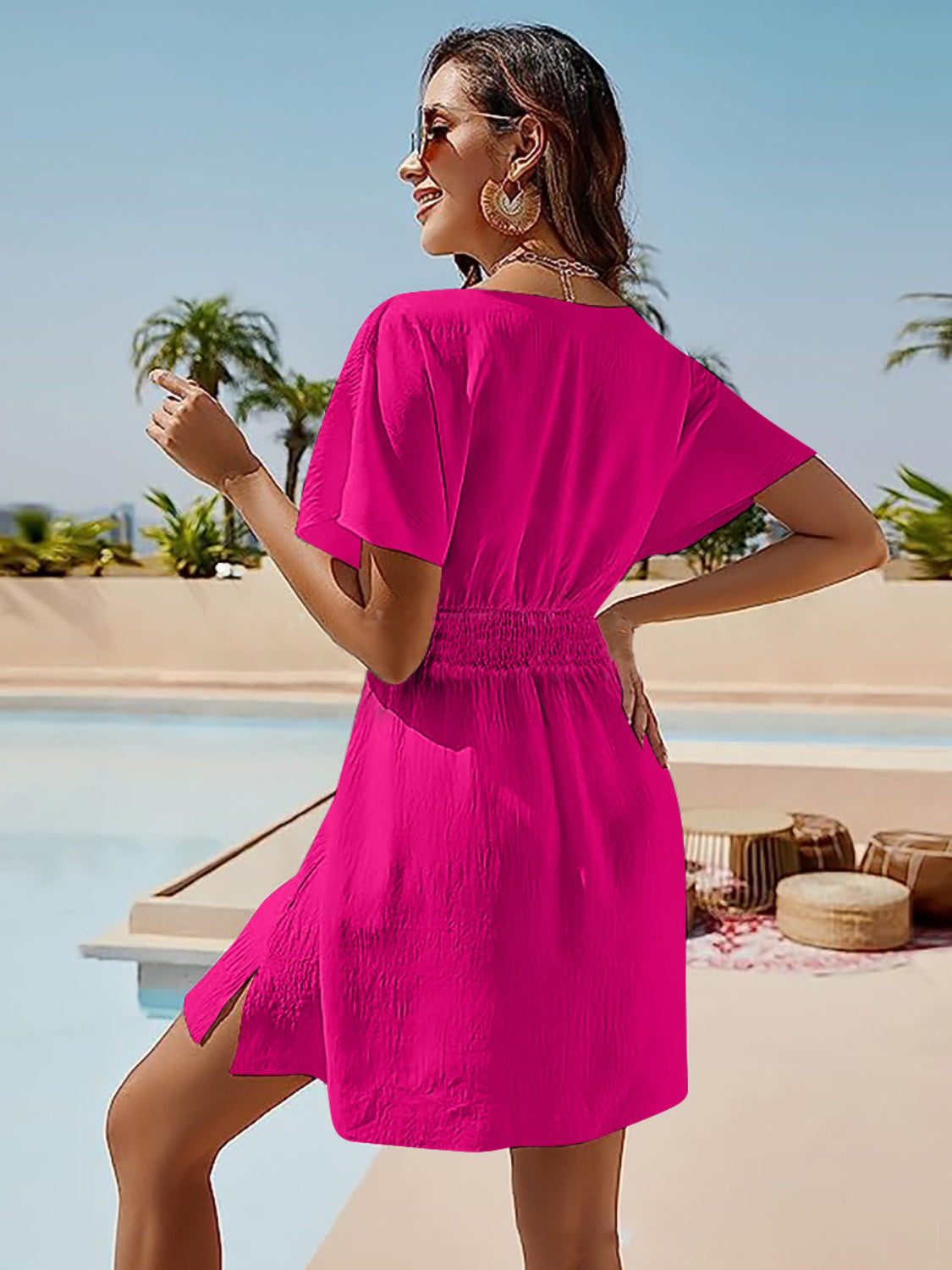 Blue Zone Planet | Ava Elegance's Smocked V-Neck Short Sleeve Mini Dress BLUE ZONE PLANET