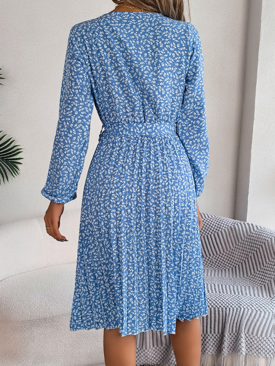 Ditsy Floral Tie Waist Pleated Dress BLUE ZONE PLANET