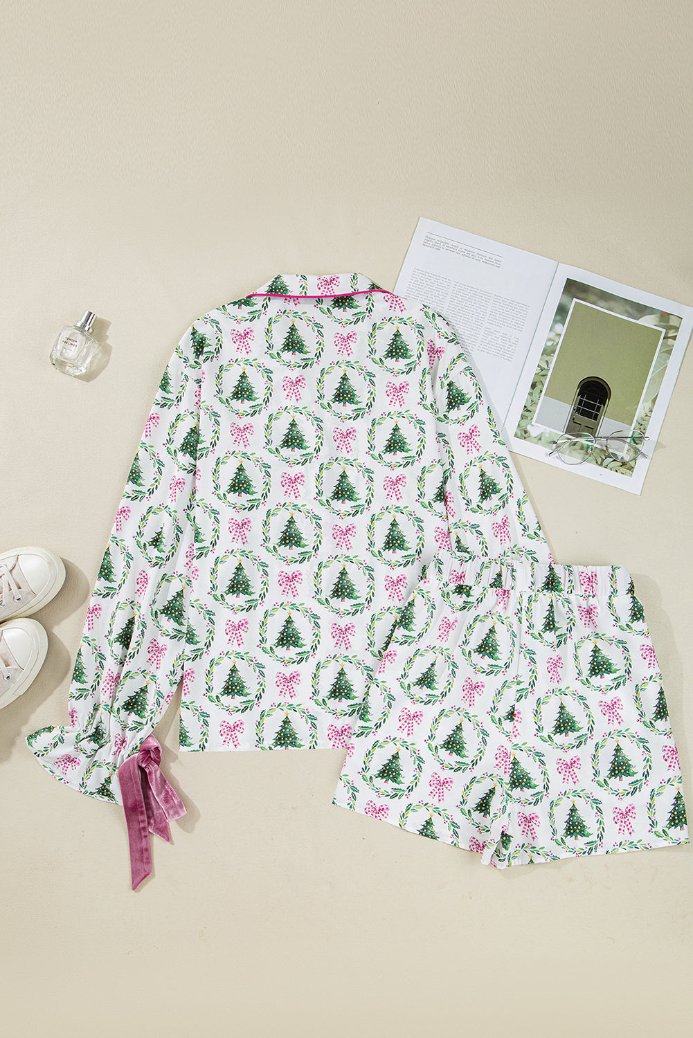 Green Christmas Fashion Print Velvet Trim Bow Knot Pajama 2pcs Short Set