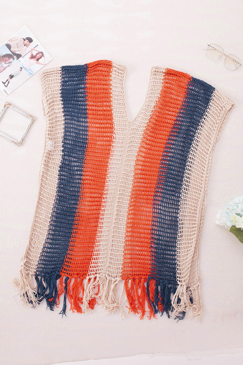 Blue Zone Planet | Multicolor Striped Tassel Crochet V Neck Beach Cover Up Blue Zone Planet