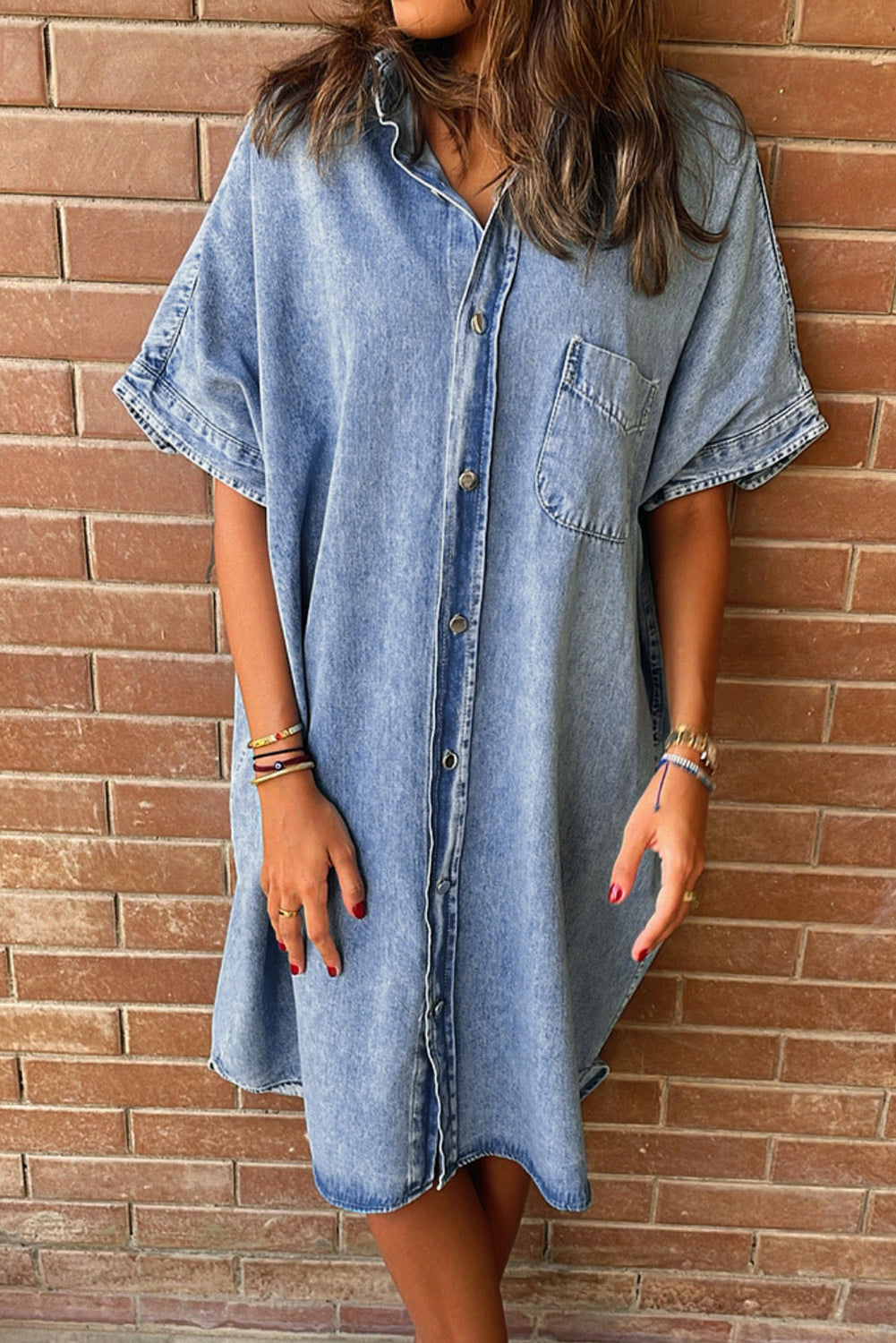 Light Blue Loose Medium Wash Short Sleeve Shirt Chambray Dress Blue Zone Planet