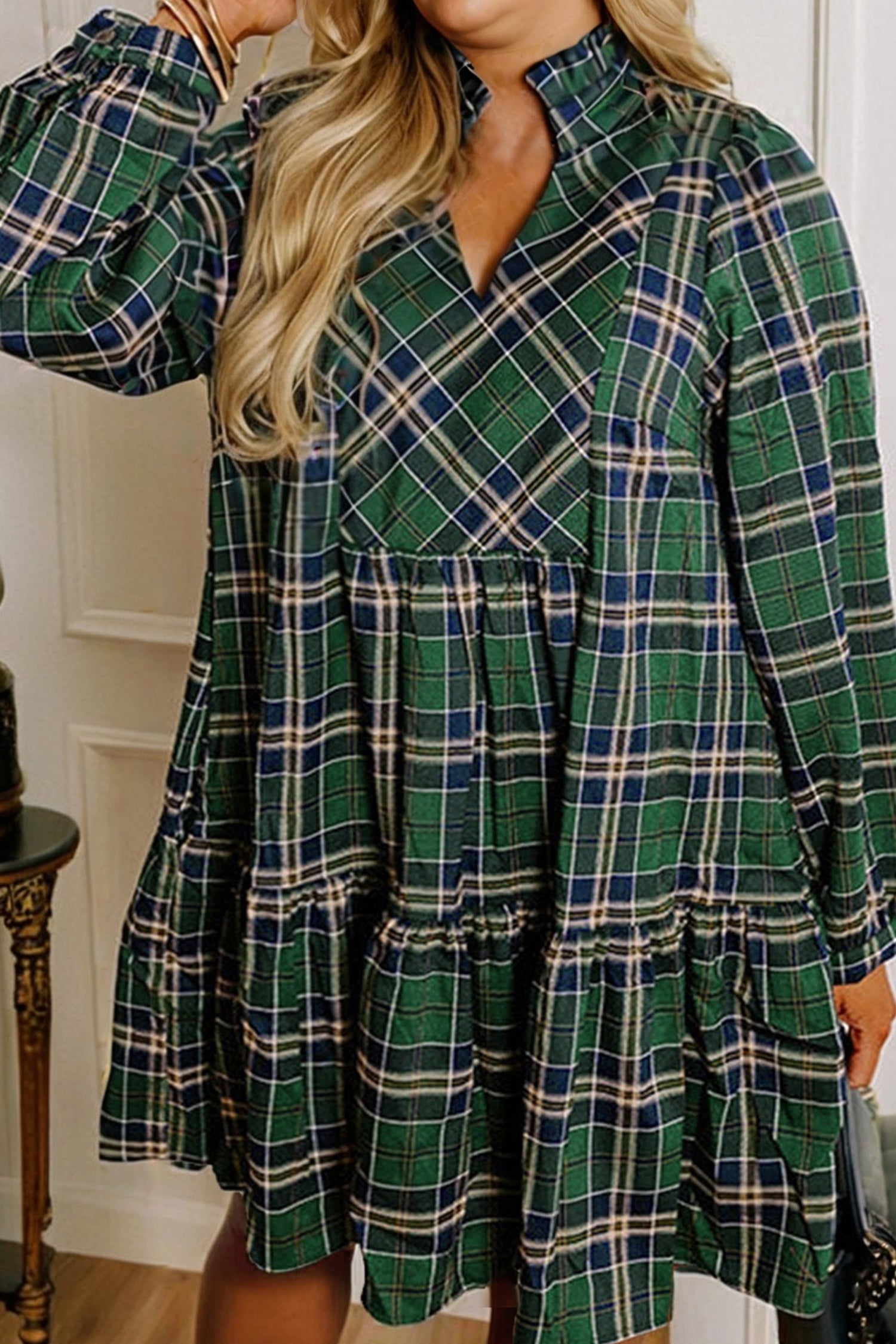 green emerald velvet dress Plus Size Green and Navy Plaid Long Sleeve Split Neck Mini Dress Green / 3X / 55%Cotton+45%Viscose