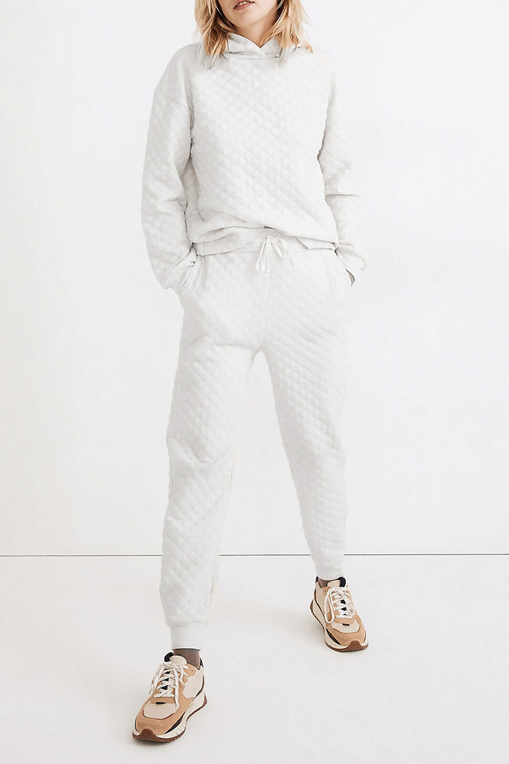 Blue Zone Planet | White Quilted Hoodie and Sweatpants Two Piece Set Blue Zone Planet