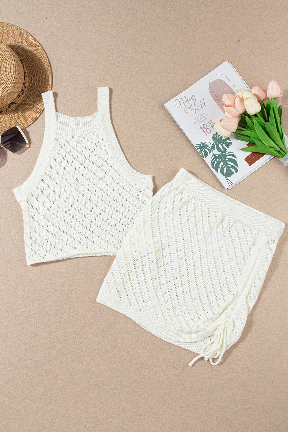 Blue Zone Planet | White Hollowed Crochet Cropped 2 Piece Beach Dress Blue Zone Planet