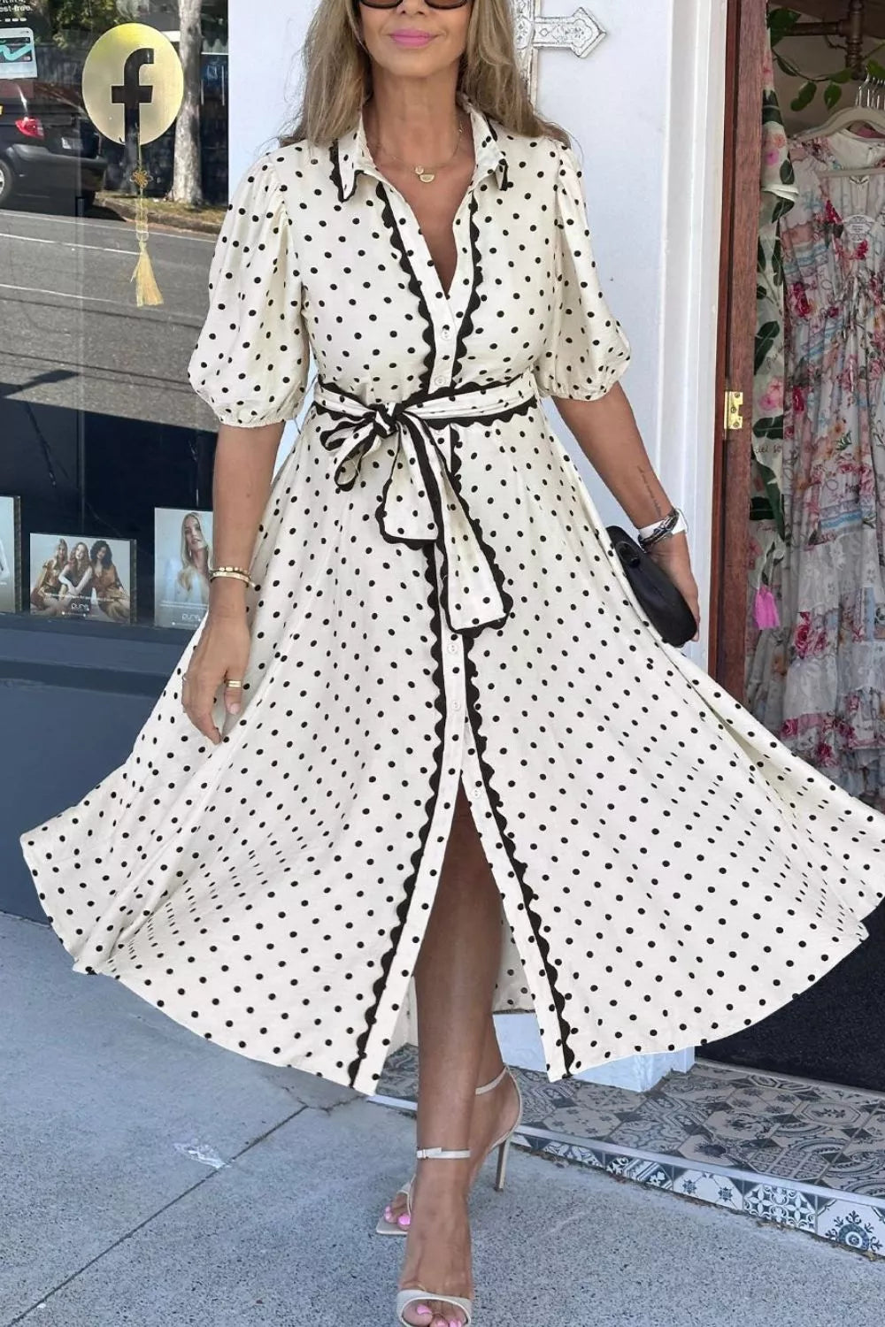 Polka Dot Half Sleeve Midi Dress  Blue Zone Planet