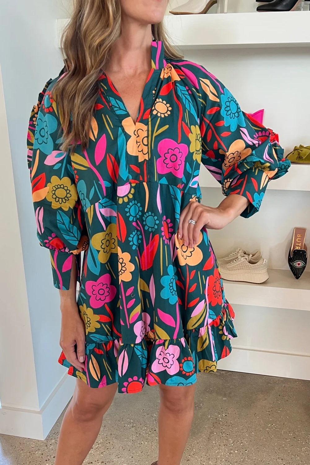 Blue Zone Planet | Green Floral Print Puff Sleeve Ruffled Mini Dress Blue Zone Planet