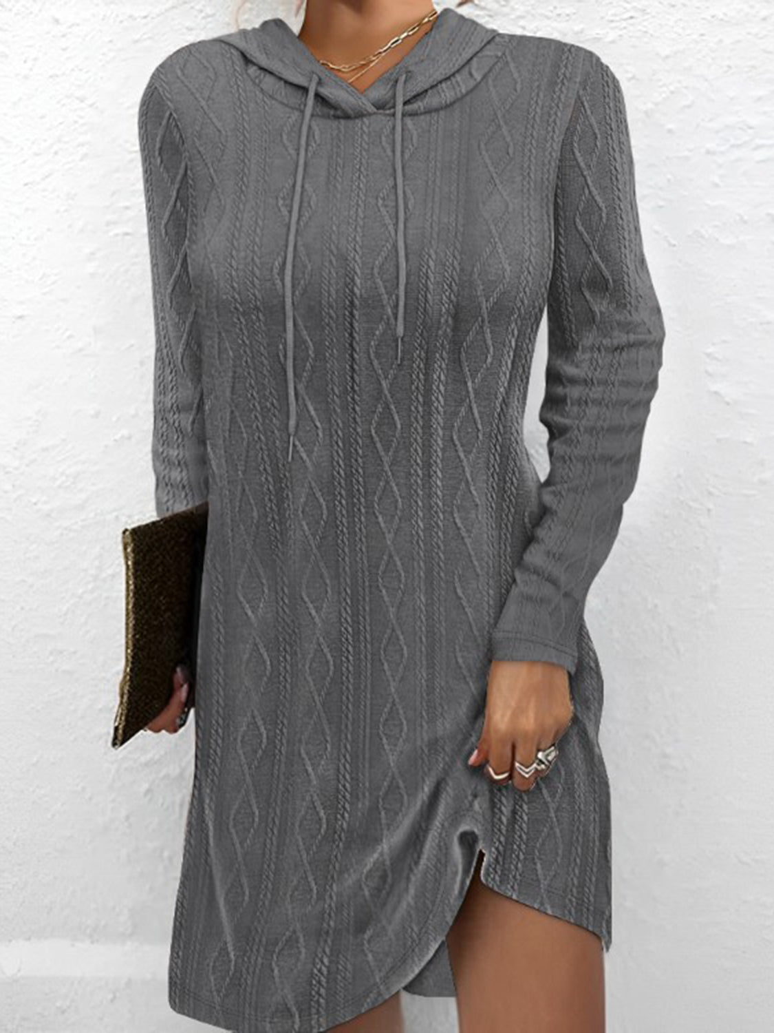 Blue Zone Planet | Textured Drawstring Long Sleeve Hooded Dress BLUE ZONE PLANET