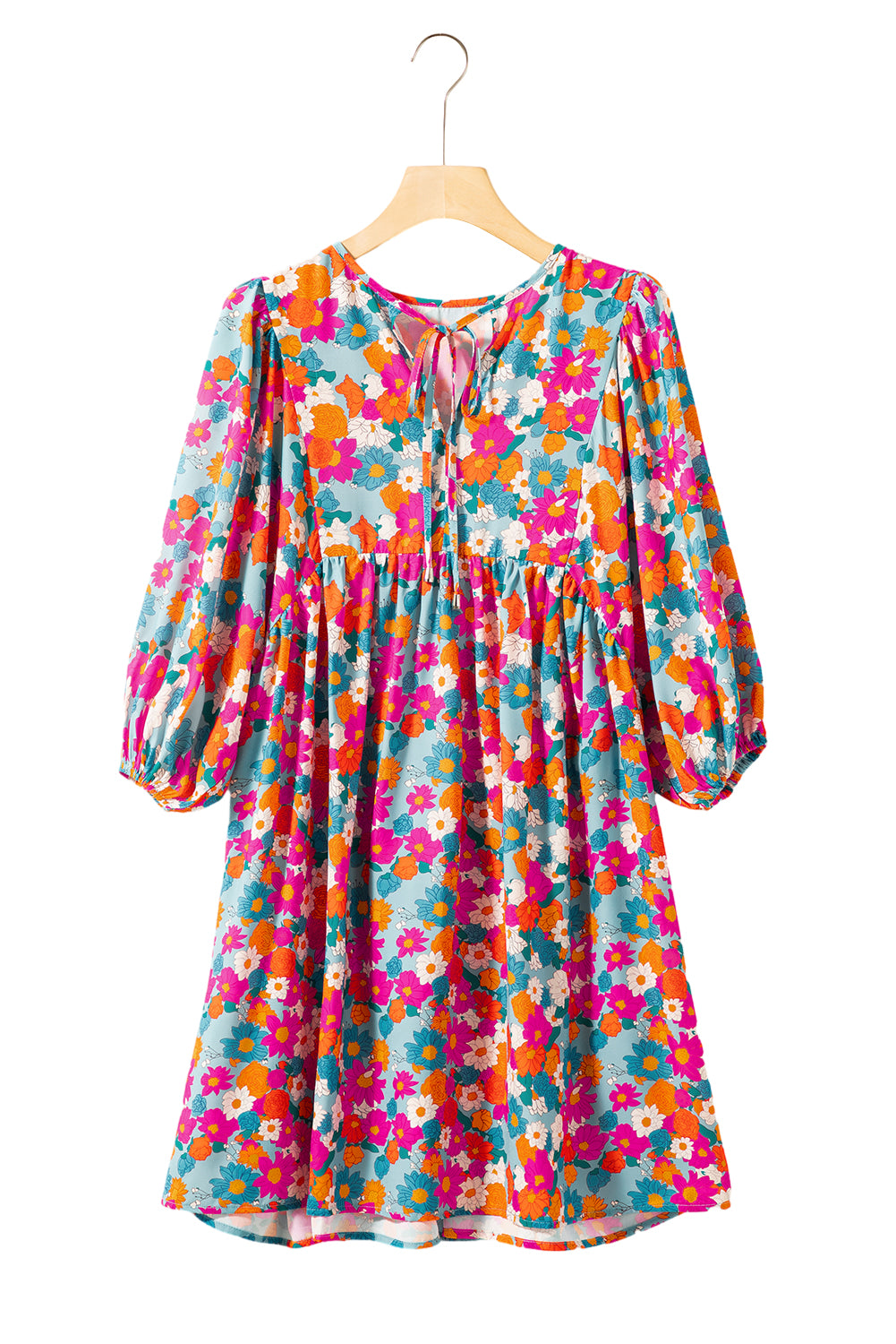 Blue Zone Planet | Sky Blue Floral Print Tie Split Neck Bubble Sleeve Babydoll Dress Blue Zone Planet