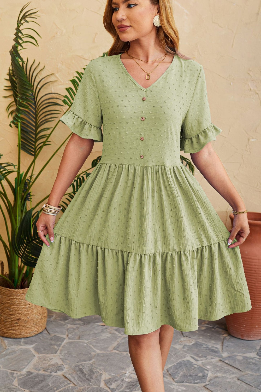 Blue Zone Planet | Swiss Dot Ruffled V-Neck Tiered Dress BLUE ZONE PLANET