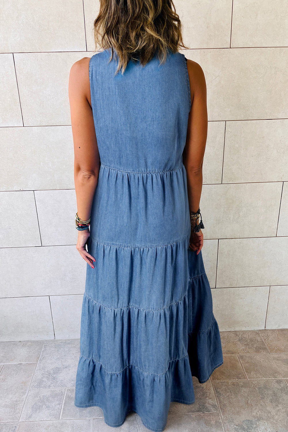 Blue Zone Planet |  Real Teal Sleeveless Tiered Chambray Maxi Dress Blue Zone Planet