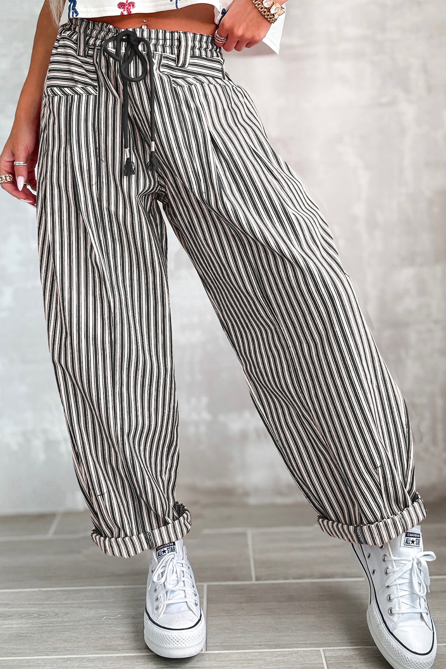 Blue Stripe Drawstring Casual Loose Pants