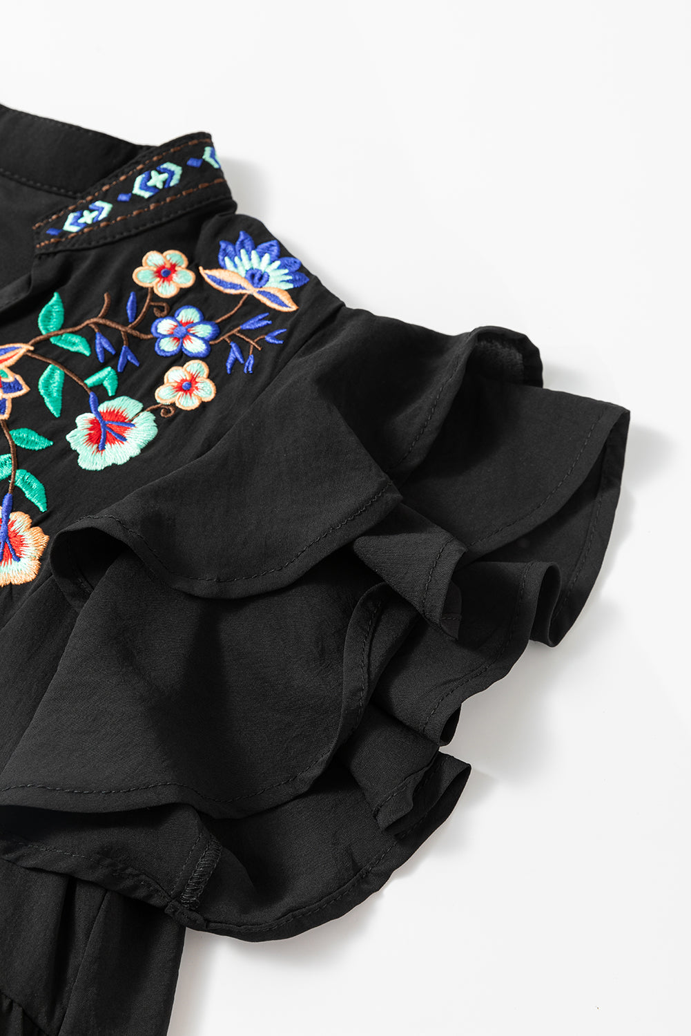 Blue Zone Planet | Black Floral Embroidered Tiered Ruffled Mini Dress Blue Zone Planet