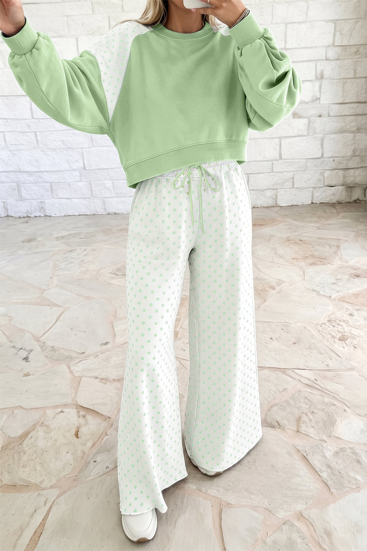 Khaki Polka Dot Patchwork Colorblock Long Sleeve Casual Two Piece Pants Set