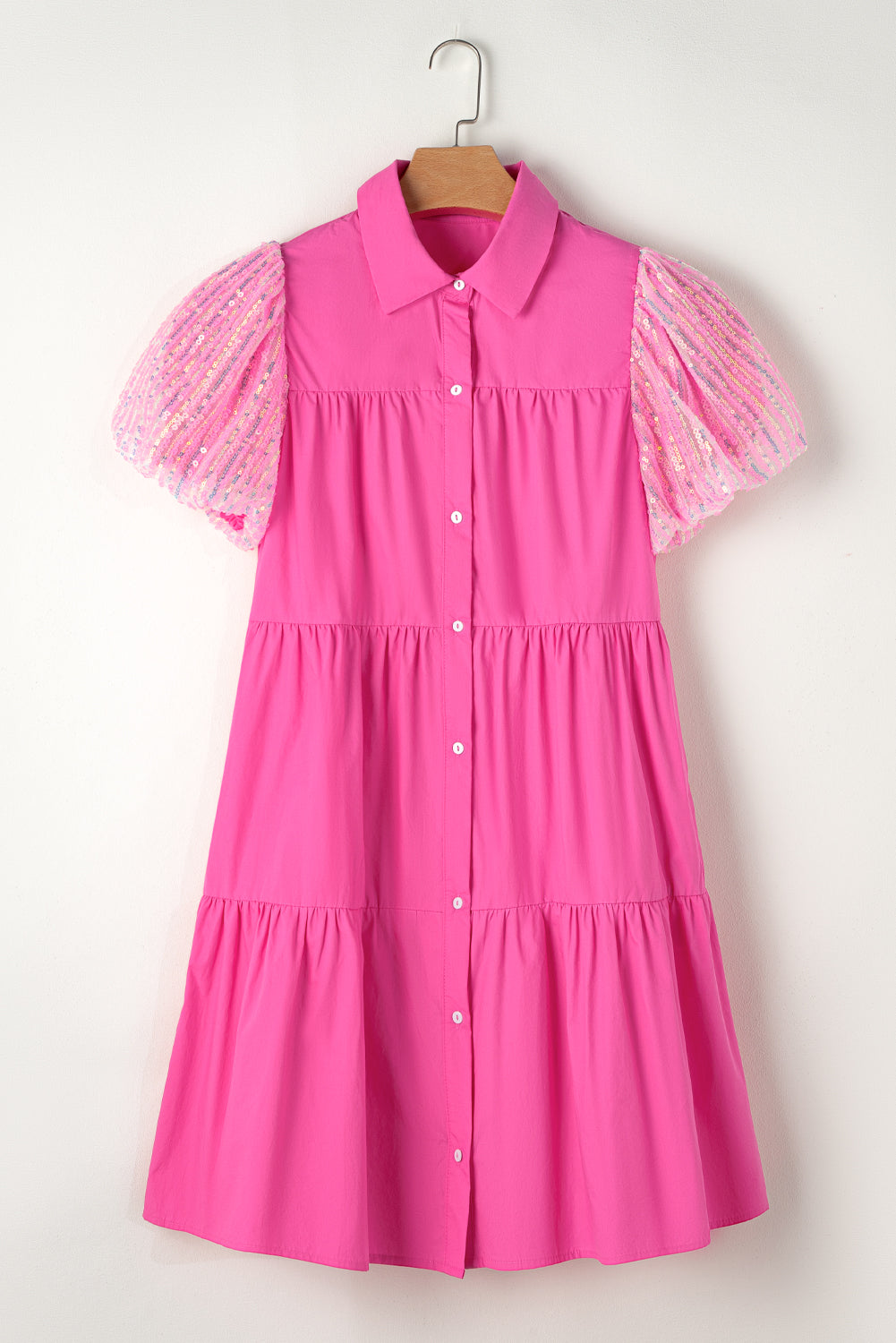 Blue Zone Planet | Bonbon Sequined Bubble Sleeve Tiered Ruffled Shirt Dress Blue Zone Planet