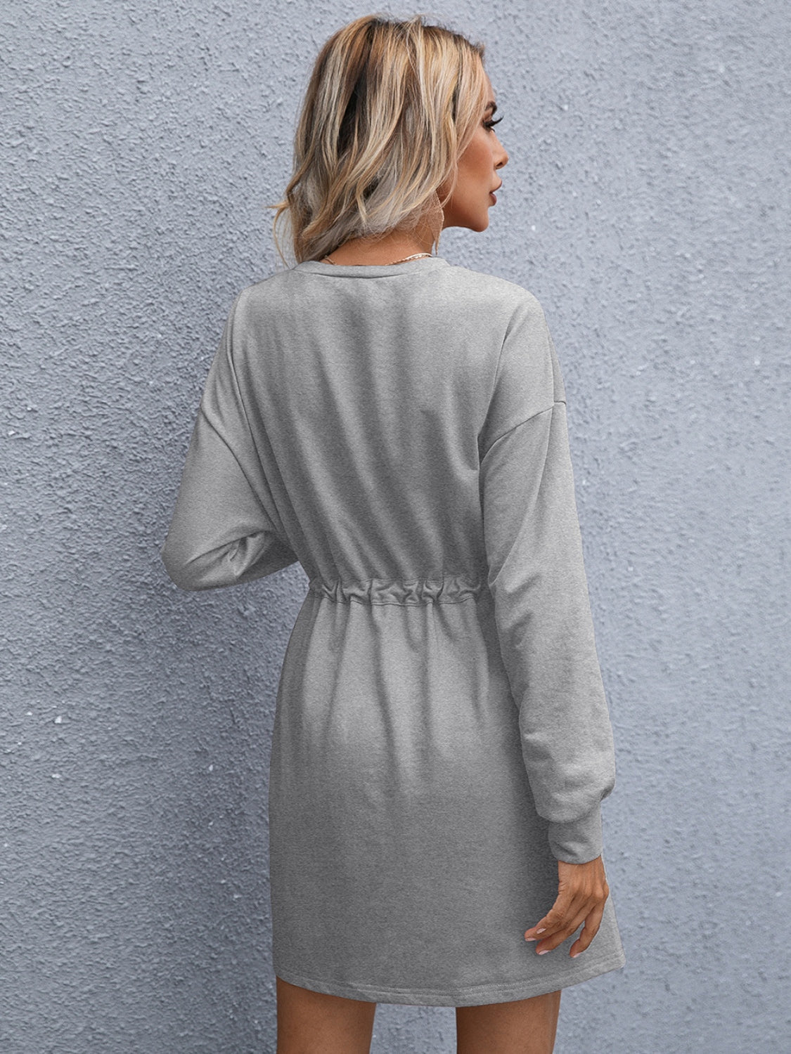 Blue Zone Planet | Drawstring Round Neck Dropped Shoulder Mini Dress BLUE ZONE PLANET