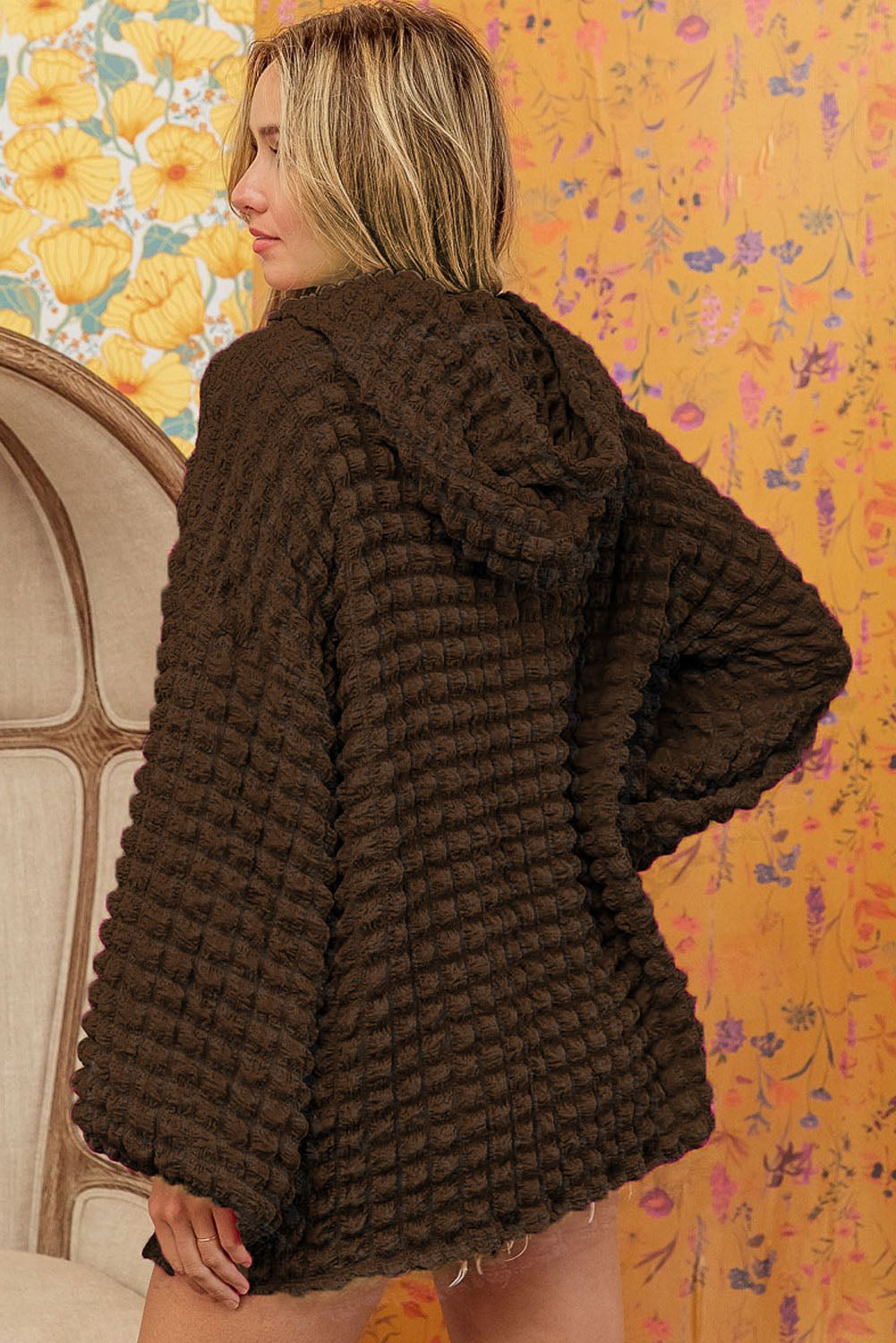Blue Zone Planet | Dark Brown Bubble Textured Waffle Hoodie Blue Zone Planet