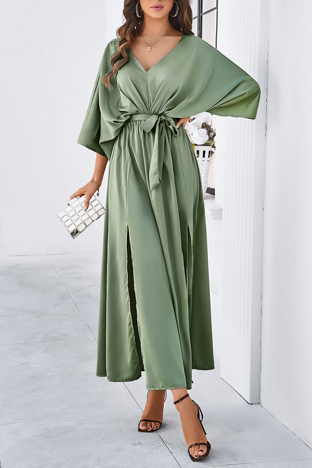 Slit Tied V-Neck Three-Quarter Sleeve Dress BLUE ZONE PLANET