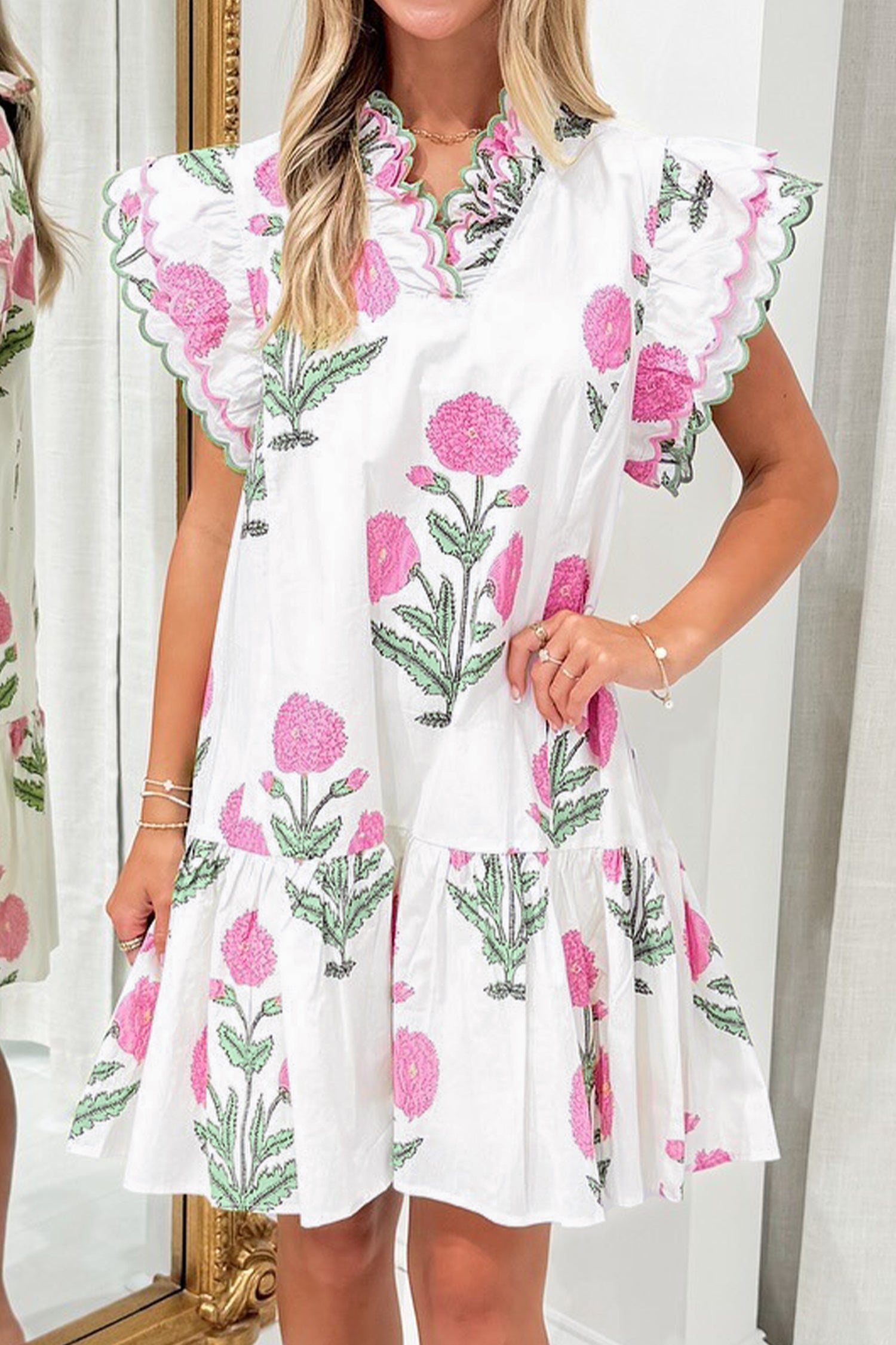White Wild Floral Print Scalloped Embroidery Trim V Neck Drop Waist Mi White Wild Floral Print Scalloped Embroidery Trim V Neck Drop Waist Mi