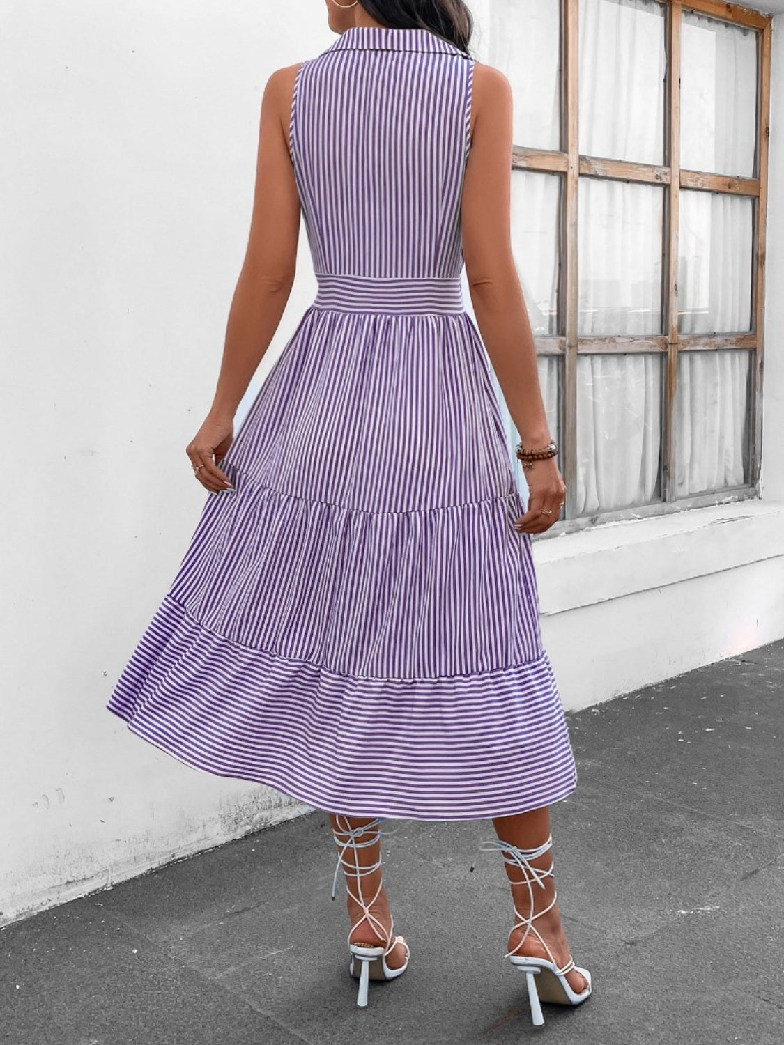 Striped Johnny Collar Sleeveless Midi Dress BLUE ZONE PLANET