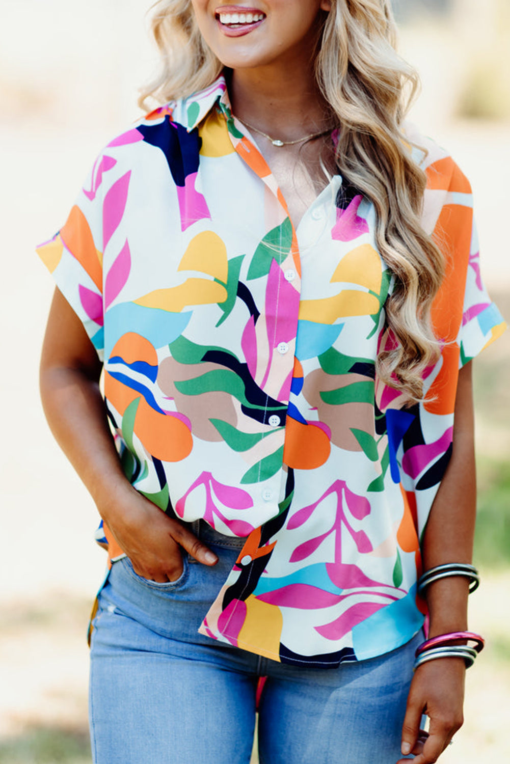 Blue Zone Planet | Multicolour Abstract Leafy Print Short Sleeve Shirt Blue Zone Planet