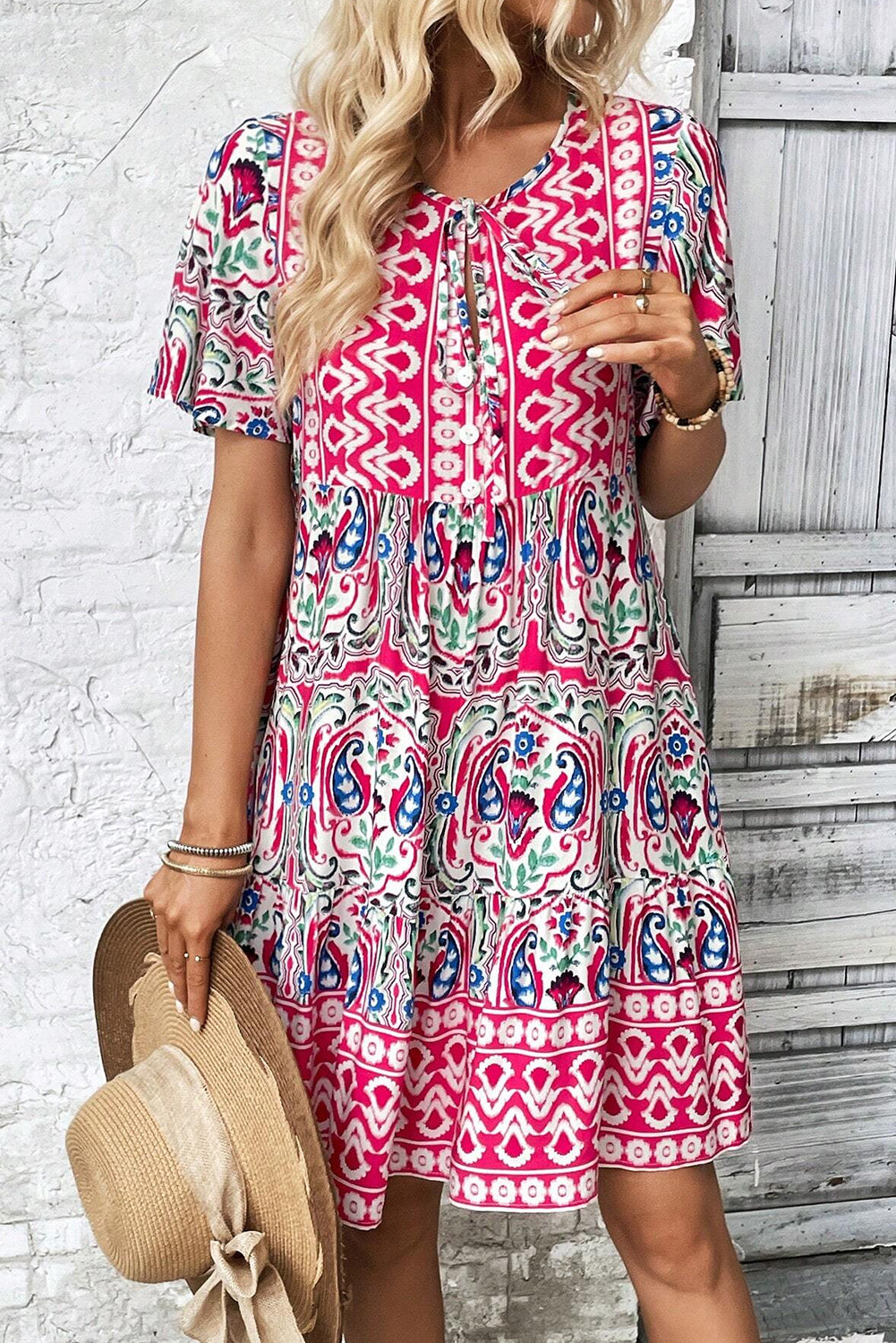 Blue Zone Planet | Pink Bohemian Print Tie Neck Ruffle Hem Short Dress Blue Zone Planet
