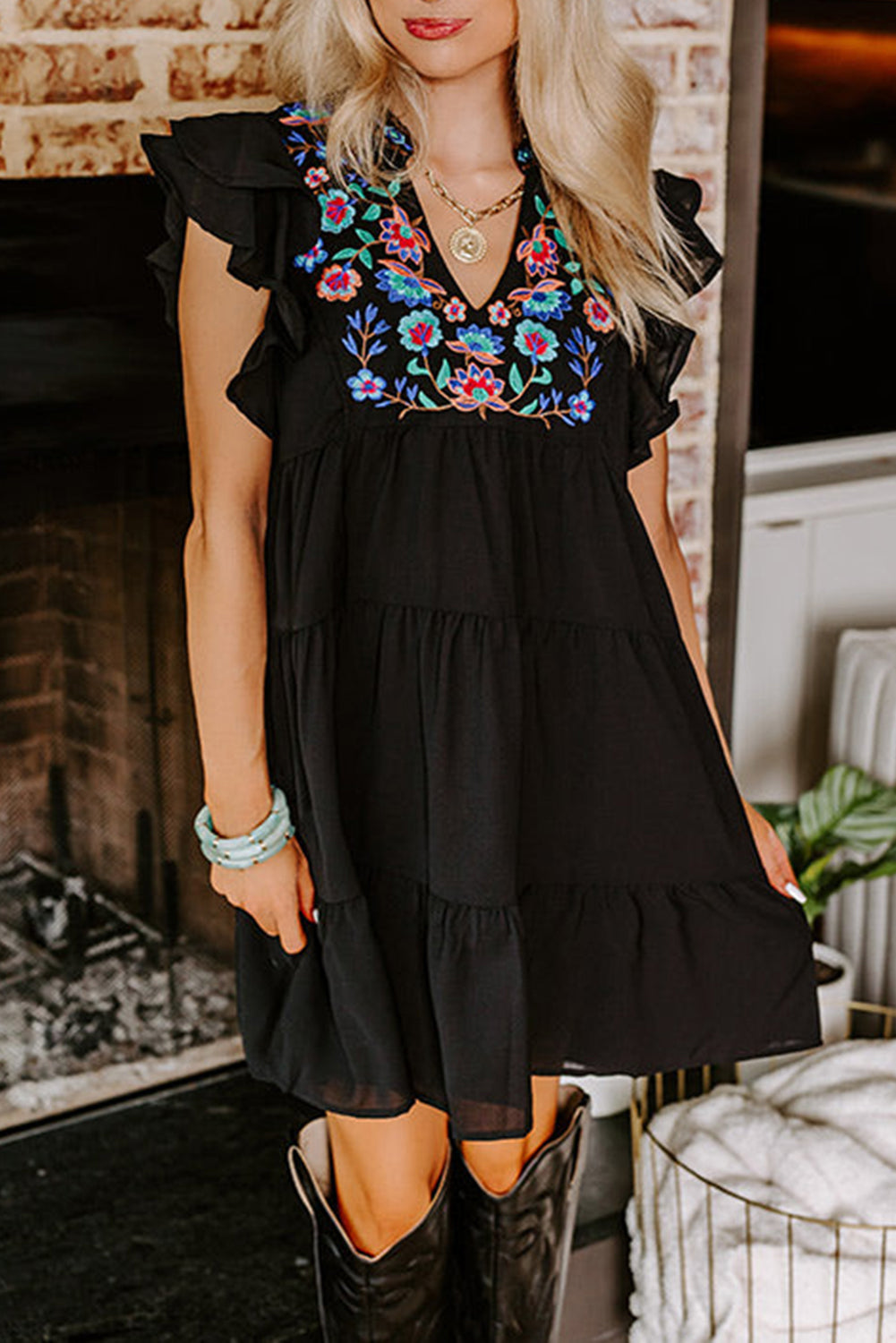 Blue Zone Planet | Black Floral Embroidered Tiered Ruffled Mini Dress Blue Zone Planet