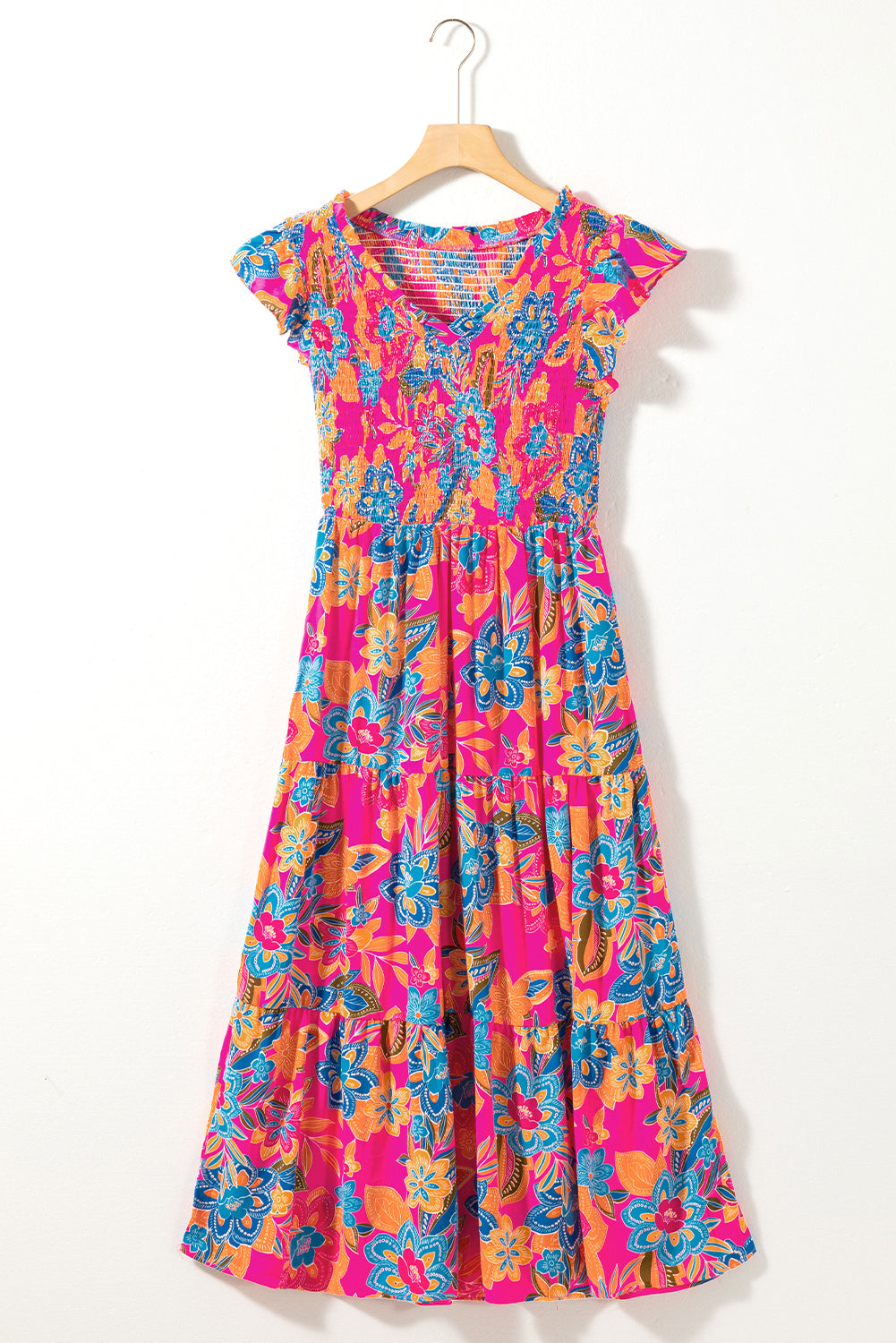 Blue Zone Planet | Dark Blue Boho Floral V Neck Ruffle Tiered Long Dress Blue Zone Planet