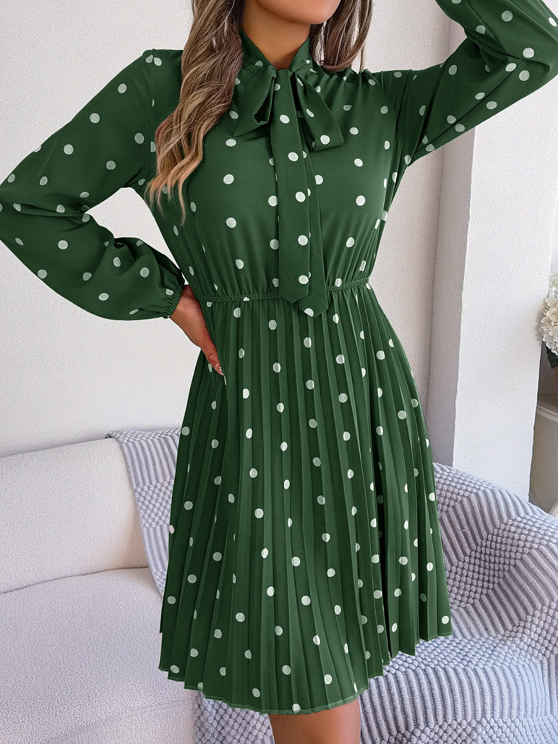 Polka Dot Tie Neck Pleated Dress BLUE ZONE PLANET