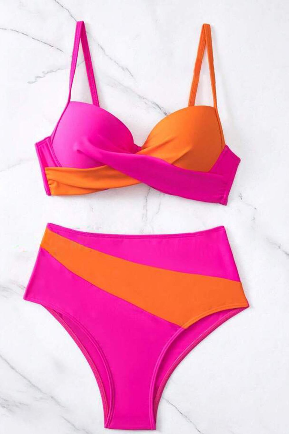 Blue Zone Planet | Rose Red 2-tone Patchwork Twist Bikini High Waist Swimsuit Blue Zone Planet