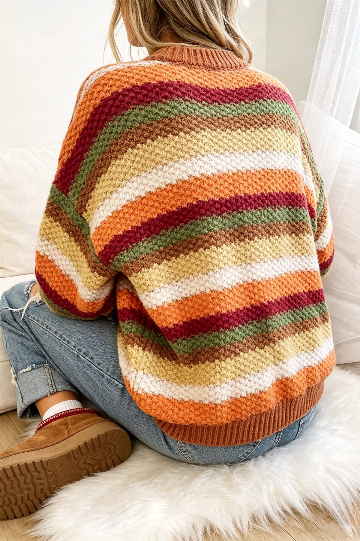 Camel Rainbow Striped Knit Round Neck Puff Sleeve Sweater