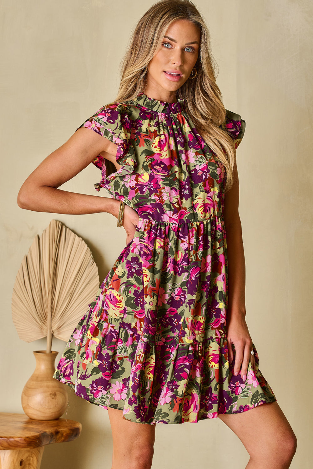 Blue Zone Planet | Green Floral Print Ruched Flutter Sleeve Frilled Neck Mini Dress Blue Zone Planet