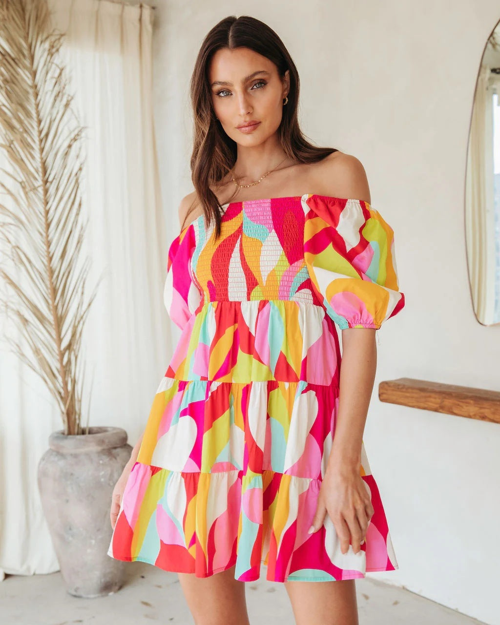Blue Zone Planet | Laura's Petit Off-shoulder Collar Hedging Short-Sleeved Mini Dress Roma Costume, Inc.