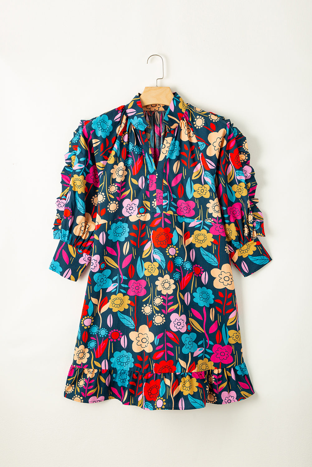 Blue Zone Planet | Green Floral Print Puff Sleeve Ruffled Mini Dress Blue Zone Planet