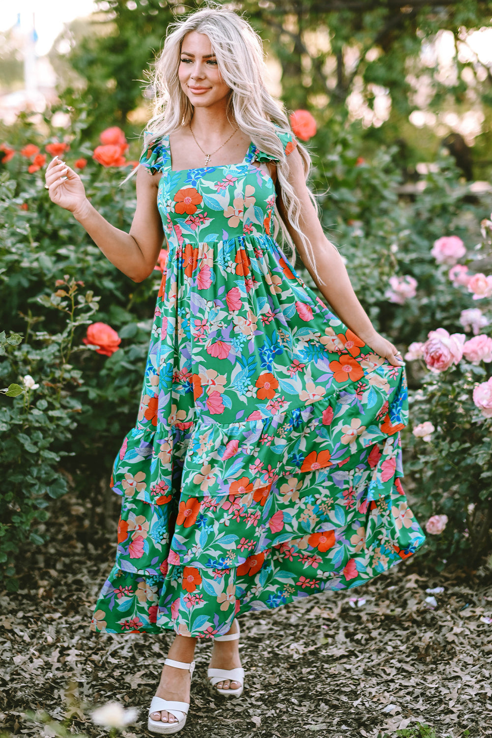 Blue Zone Planet | Green Floral Print Sleeveless Ruffle Tiered Maxi Dress Blue Zone Planet