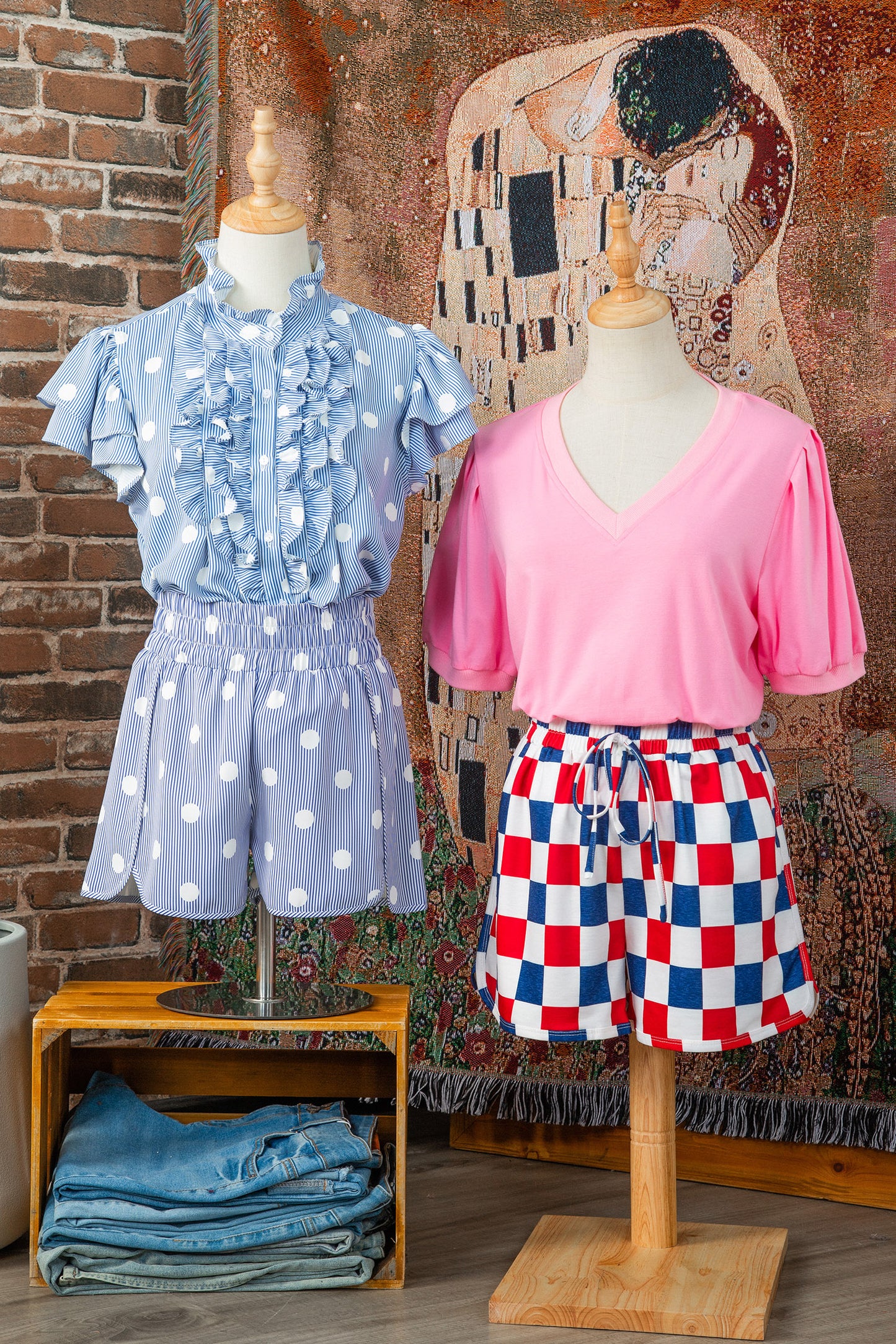 Sky Blue Polka Dot Print Shirred High Waist Casual Shorts