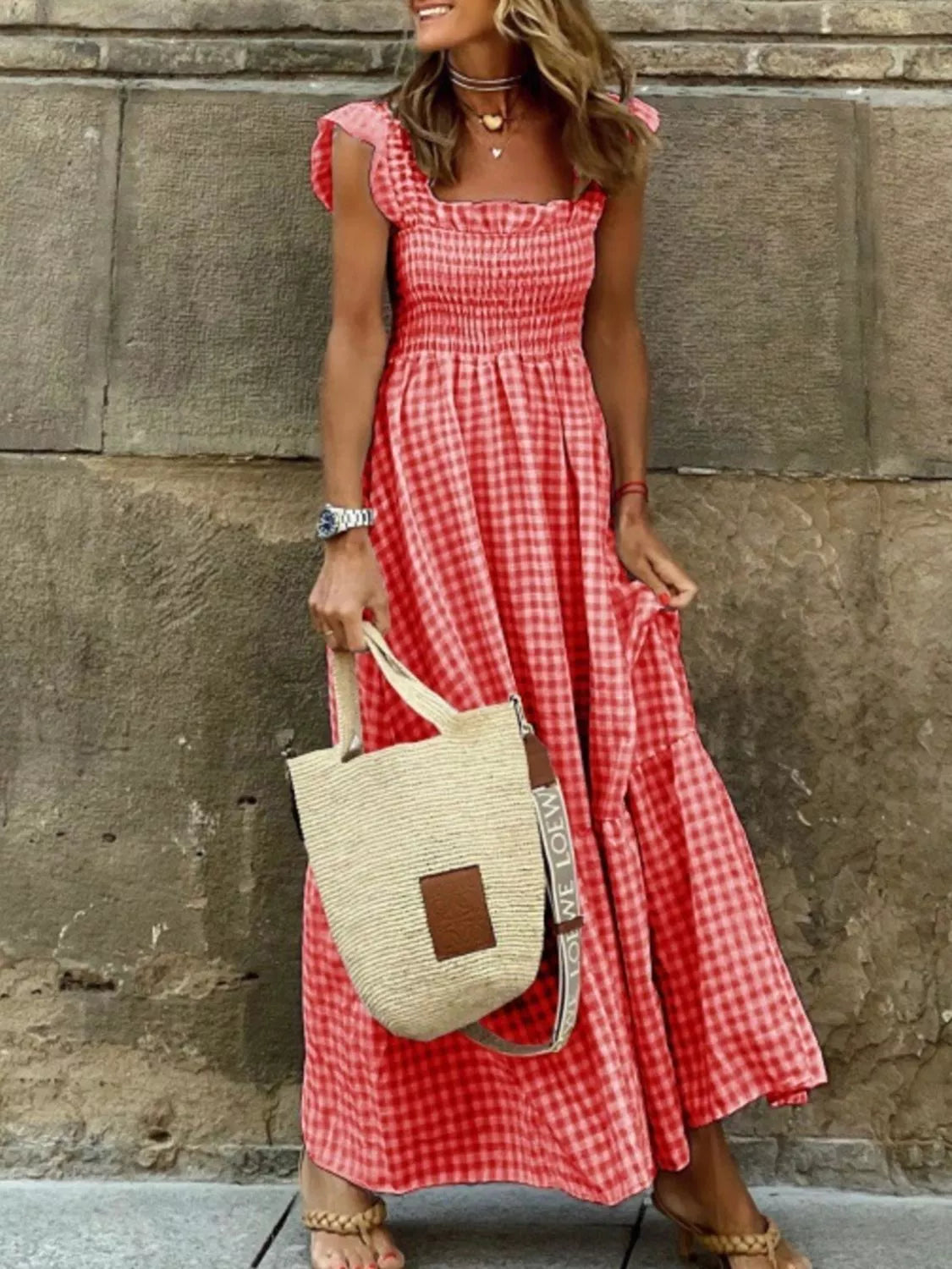 Gingham Maxi Dress for Women - Smocked Tiered Ruffle Strap Sundress - Summer Picnic Beach Vacation 2026 Gingham Maxi Dress for Women - Smocked Tiered Ruffle Strap Sundress - Summer Picnic Beach Vacation 2026