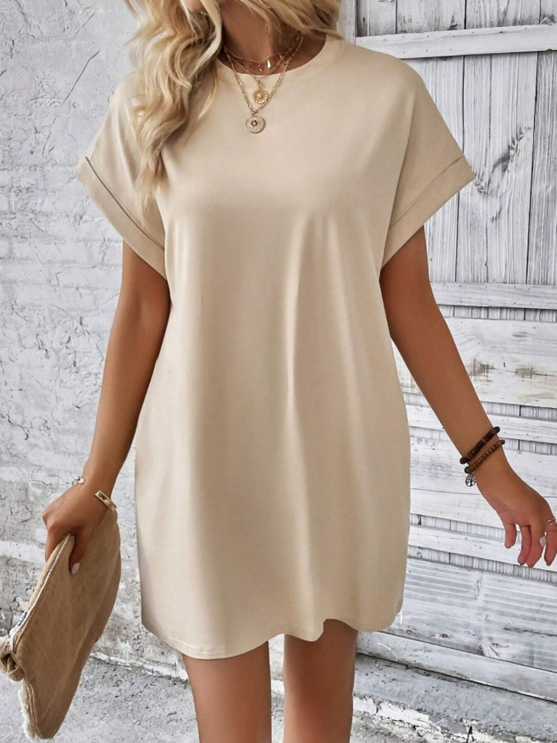 Pocketed Round Neck Short Sleeve Dress BLUE ZONE PLANET