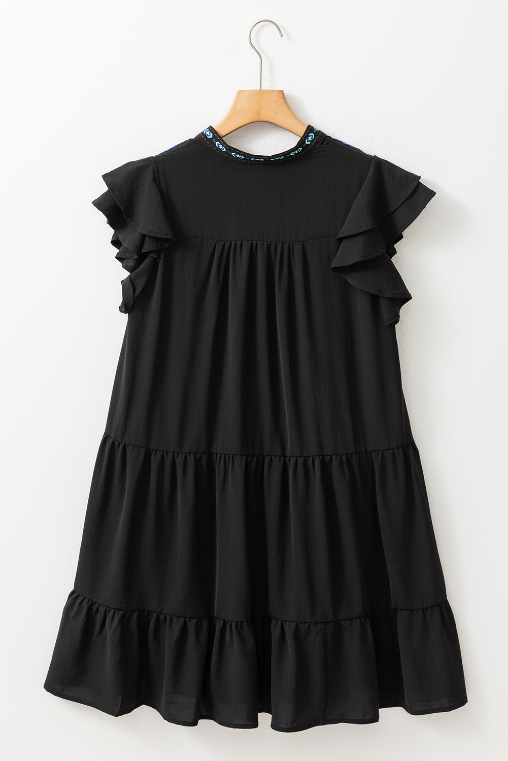 Blue Zone Planet | Black Floral Embroidered Tiered Ruffled Mini Dress Blue Zone Planet