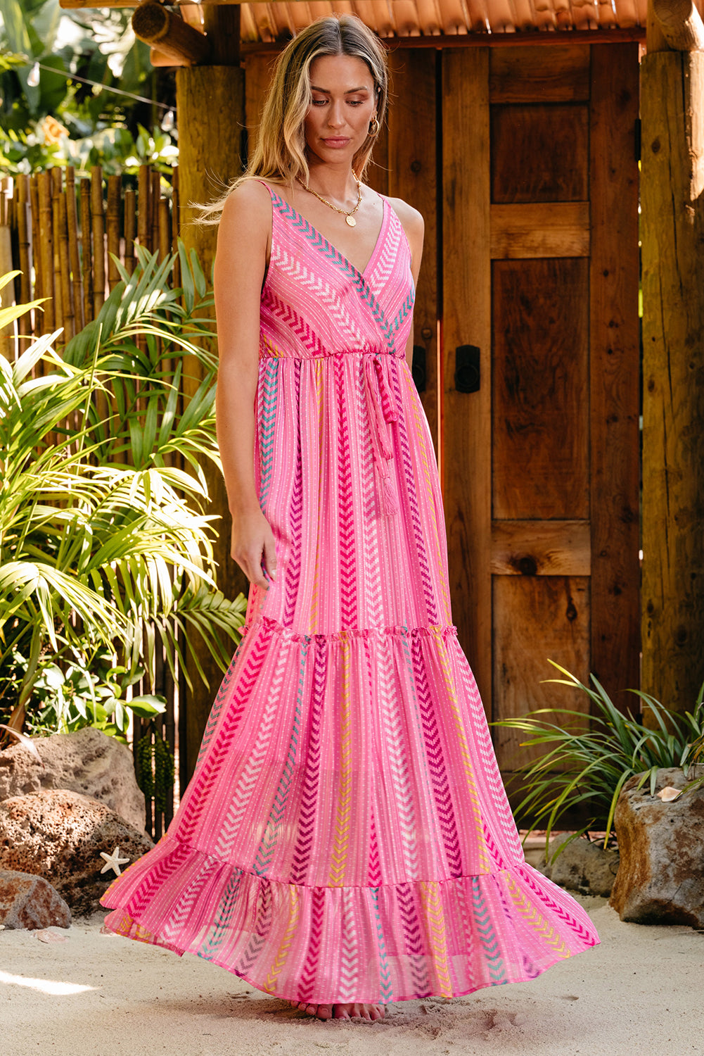 Blue Zone Planet | Pink Western Printed Tassel Tie V Neck Wrap Maxi Dress Blue Zone Planet