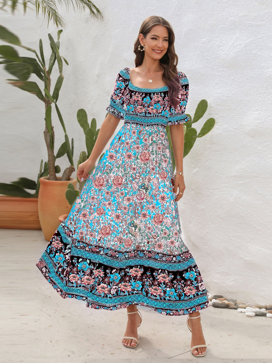 Blue Zone Planet | Floral Flounce Sleeve Midi Dress BLUE ZONE PLANET