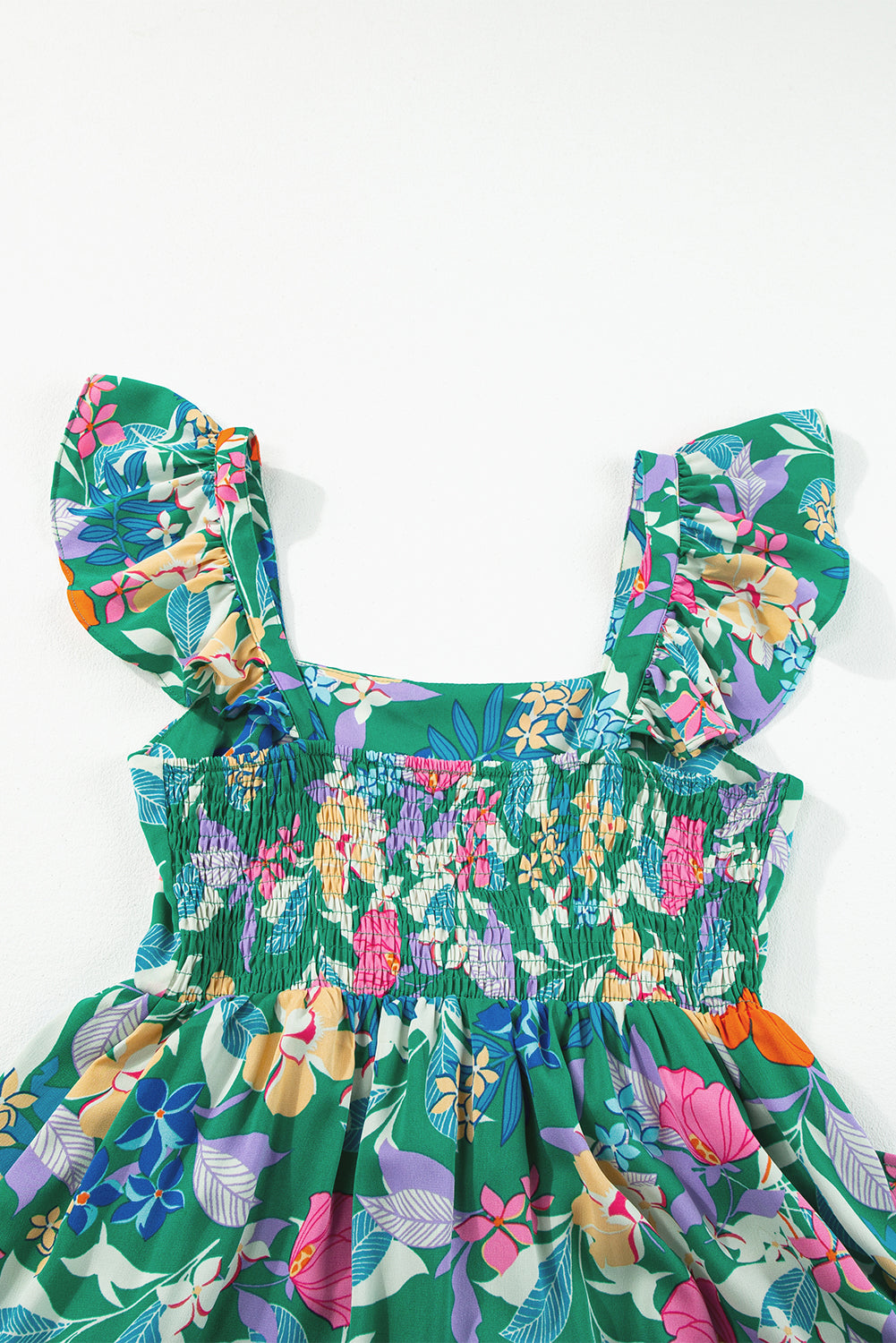 Blue Zone Planet | Green Floral Print Sleeveless Ruffle Tiered Maxi Dress Blue Zone Planet