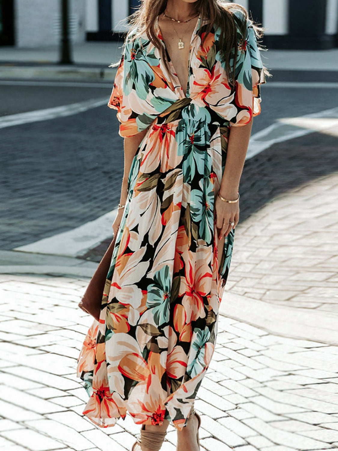 Floral Plunge Half Sleeve Dress BLUE ZONE PLANET