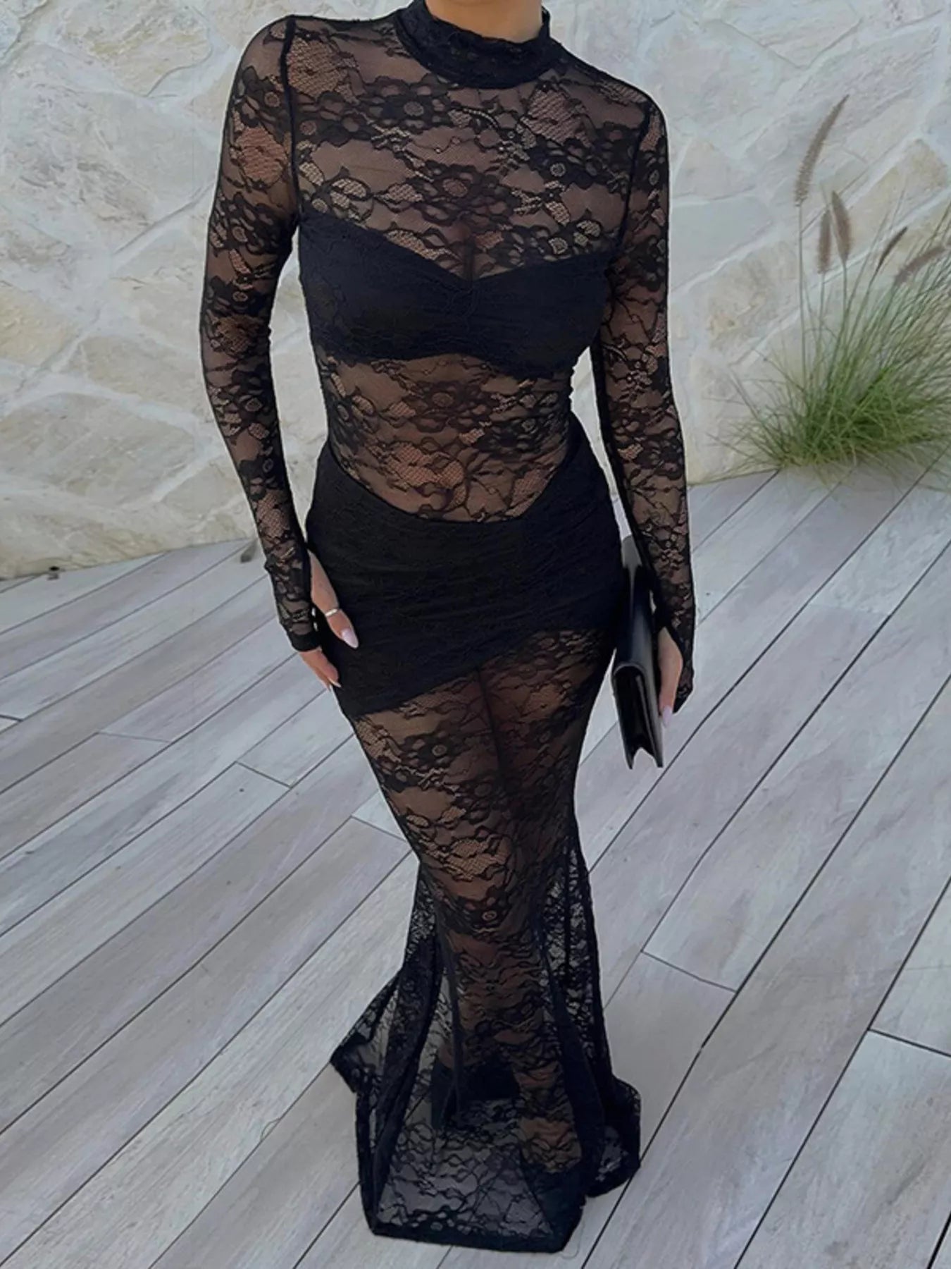 Lace Sheer Mock Neck Long Sleeve Maxi Dress Black / M Lace Sheer Mock Neck Long Sleeve Maxi Dress Black / M