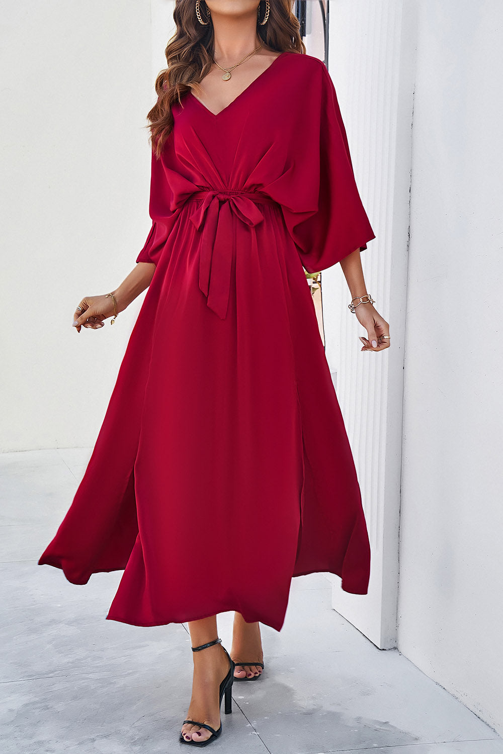 Slit Tied V-Neck Three-Quarter Sleeve Dress BLUE ZONE PLANET