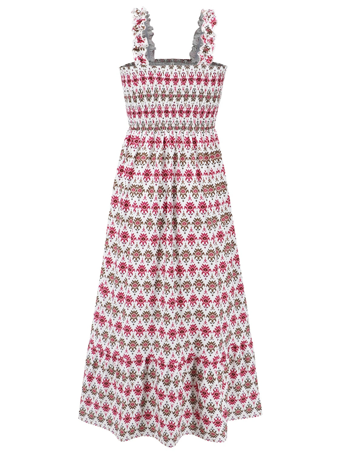 Smocked Printed Square Neck Sleeveless Dress BLUE ZONE PLANET