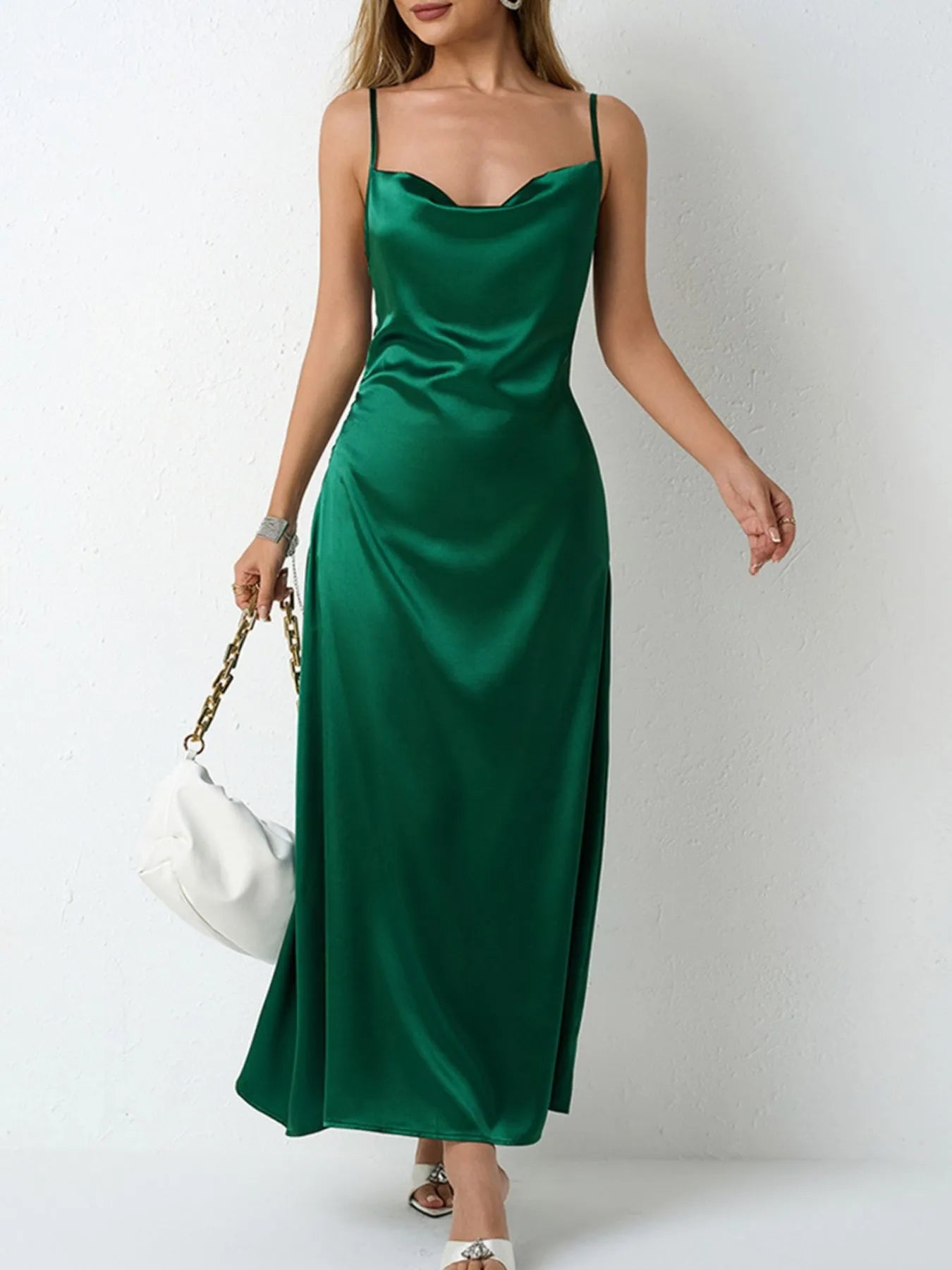 Satin Cowl Neck Cami Dress Blue Zone Planet Satin Cowl Neck Cami Dress Blue Zone Planet